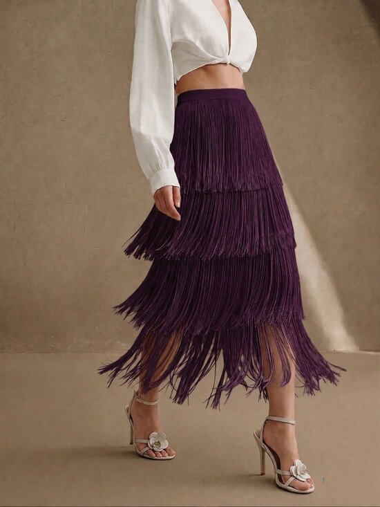Dresses & Skirts - Purple Elegant Women's Graceful Layered Tassel Midi Skirt